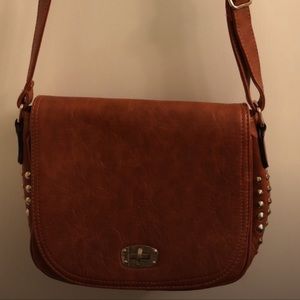 Cognac leather crossbody purse with gold studs